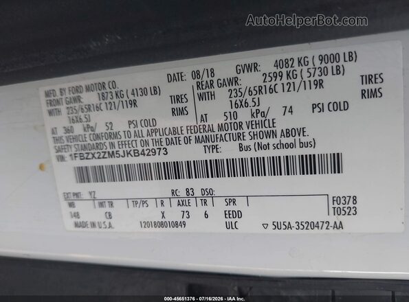 1FBZX2ZM5JKB42973 2018 FORD TRANSIT-350 White Вид підкапотного простору