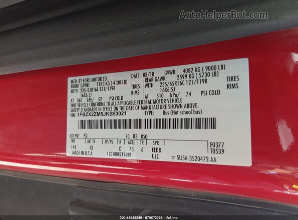 1FBZX2ZM5JKB53021 2018 FORD TRANSIT-350 Красный Вид подкапотного пространства