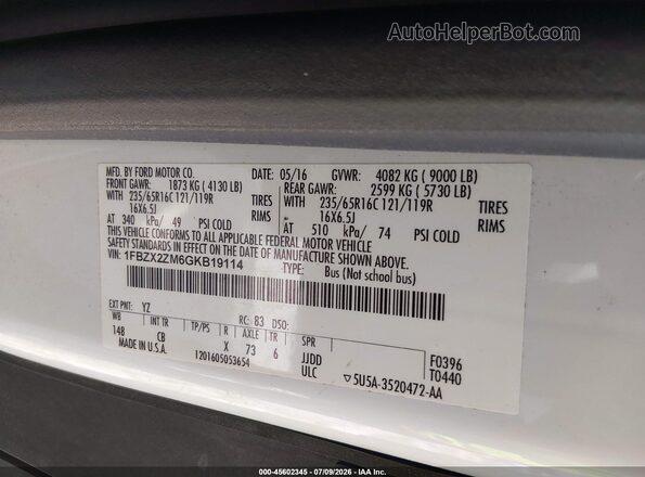 1FBZX2ZM6GKB19114 2016 FORD TRANSIT-350 White ძრავის განყოფილების ხედი