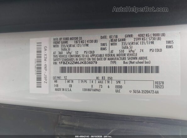1FBZX2ZM6JKB36079 2018 FORD TRANSIT-350 White Вид підкапотного простору