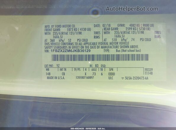 1FBZX2ZM6JKB36129 2018 FORD TRANSIT-350 White Вид підкапотного простору