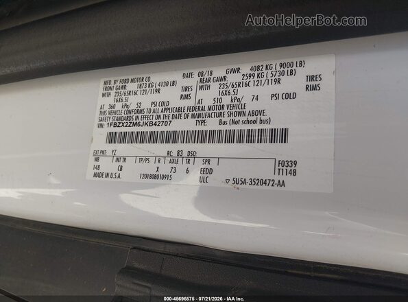 1FBZX2ZM6JKB42707 2018 FORD TRANSIT-350 White Vista del compartimento del motor