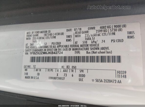 1FBZX2ZM6JKB42724 2018 FORD TRANSIT-350 White Widok komory silnika