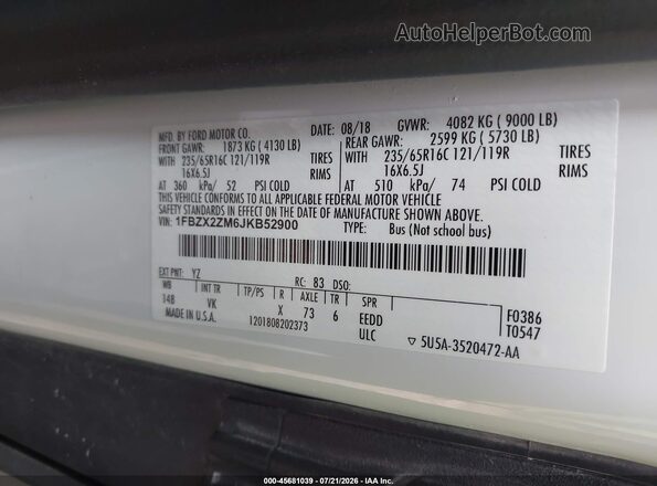 1FBZX2ZM6JKB52900 2018 FORD TRANSIT-350 White Widok komory silnika