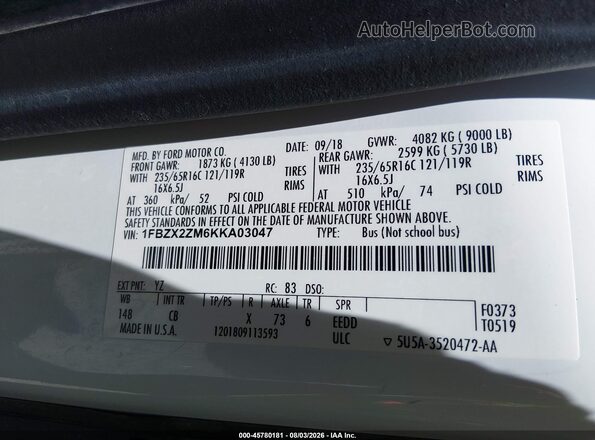 1FBZX2ZM6KKA03047 2019 FORD TRANSIT-350 White Vista del compartimento del motor