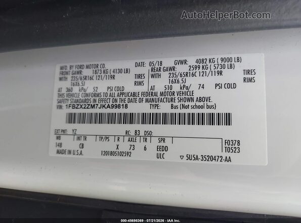 1FBZX2ZM7JKA99818 2018 FORD TRANSIT-350 White Widok komory silnika