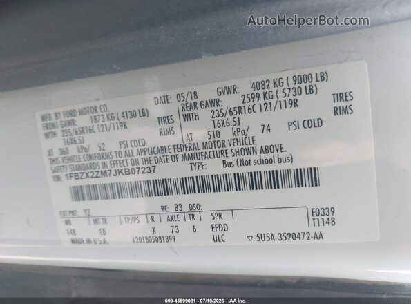 1FBZX2ZM7JKB07237 2018 FORD TRANSIT-350 White Вид підкапотного простору