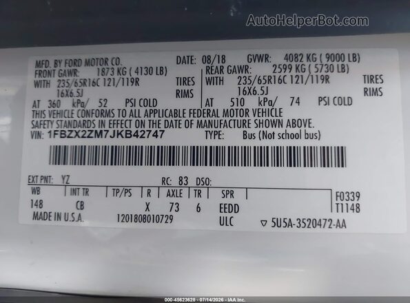 1FBZX2ZM7JKB42747 2018 FORD TRANSIT-350 White Vista del compartimento del motor