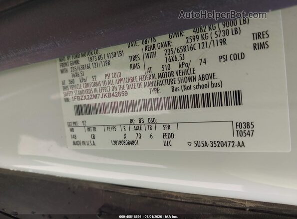 1FBZX2ZM7JKB42859 2018 FORD TRANSIT-350 White Vista del compartimento del motor