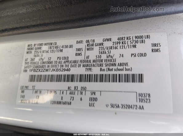 1FBZX2ZM7JKB52940 2018 FORD TRANSIT-350 White Вид підкапотного простору