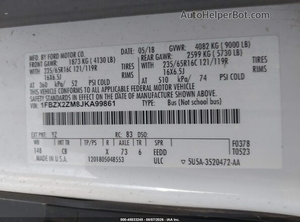 1FBZX2ZM8JKA99861 2018 FORD TRANSIT-350 White Engine compartment view