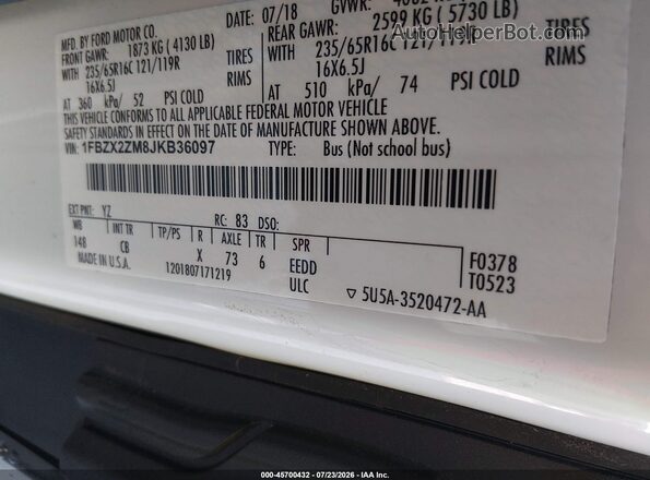 1FBZX2ZM8JKB36097 2018 FORD TRANSIT-350 White Vista del compartimento del motor
