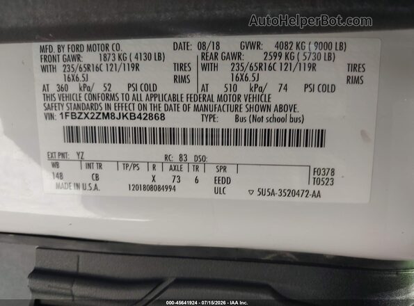 1FBZX2ZM8JKB42868 2018 FORD TRANSIT-350 White Շարժիչի բաժամունքի տեսք