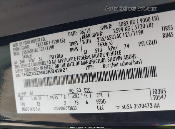 1FBZX2ZM8JKB42921 2018 FORD TRANSIT-350 Черный Вид подкапотного пространства