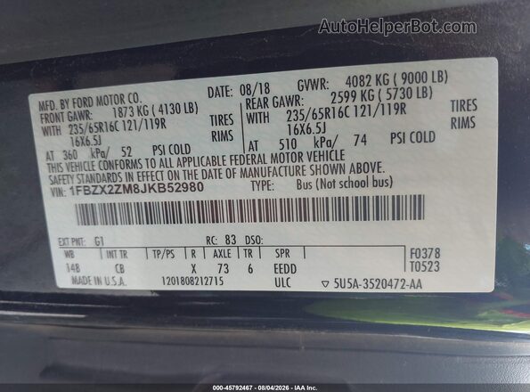 1FBZX2ZM8JKB52980 2018 FORD TRANSIT-350 Black Շարժիչի բաժամունքի տեսք