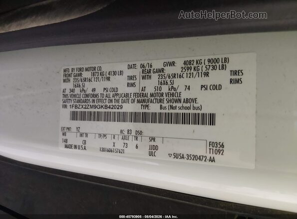 1FBZX2ZM9GKB42029 2016 FORD TRANSIT-350 White Շարժիչի բաժամունքի տեսք