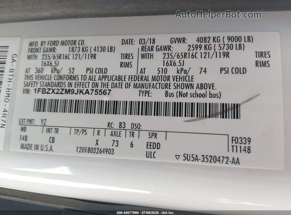 1FBZX2ZM9JKA75567 2018 FORD TRANSIT-350 White Вид підкапотного простору