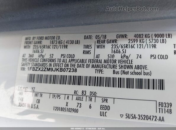 1FBZX2ZM9JKB07238 2018 FORD TRANSIT-350 White Вид підкапотного простору