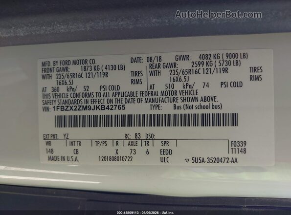1FBZX2ZM9JKB42765 2018 FORD TRANSIT-350 White Vista del compartimento del motor