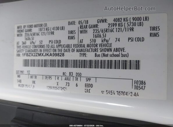 1FBZX2ZMXJKA99828 2018 FORD TRANSIT-350 White Engine compartment view