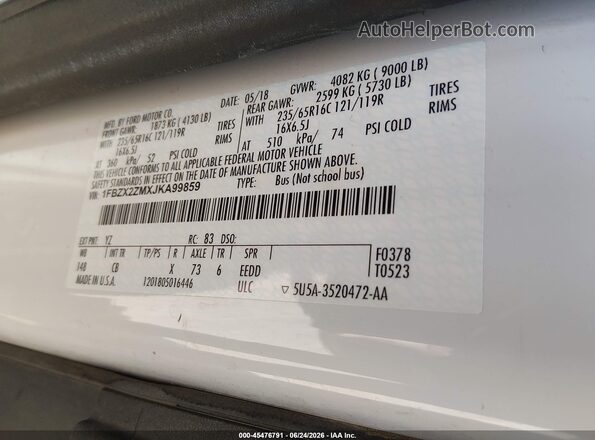 1FBZX2ZMXJKA99859 2018 FORD TRANSIT-350 Белый Вид подкапотного пространства