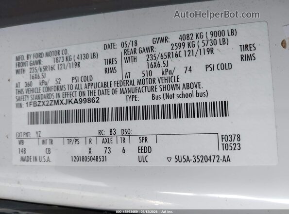 1FBZX2ZMXJKA99862 2018 FORD TRANSIT-350 White Widok komory silnika
