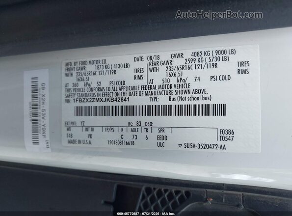 1FBZX2ZMXJKB42841 2018 FORD TRANSIT-350 White Widok komory silnika