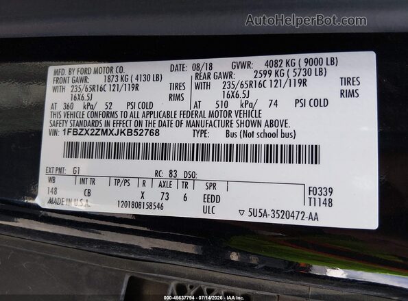 1FBZX2ZMXJKB52768 2018 FORD TRANSIT-350 Black Вид підкапотного простору