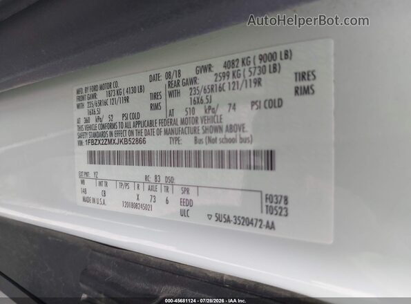1FBZX2ZMXJKB52866 2018 FORD TRANSIT-350 White Widok komory silnika