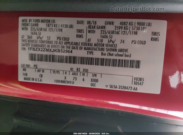 1FBZX2ZMXJKB52964 2018 FORD TRANSIT-350 Red Շարժիչի բաժամունքի տեսք