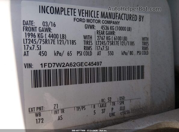1FD7W2A62GEC45497 2016 FORD F-250 White Вид підкапотного простору