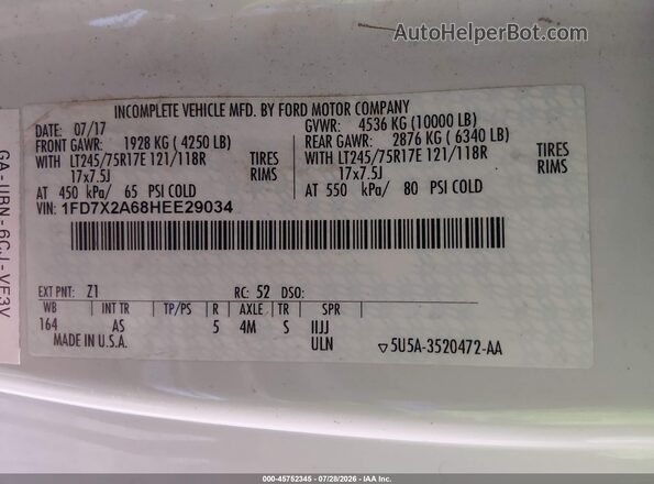 1FD7X2A68HEE29034 2017 FORD F-250 White Vista del compartimento del motor