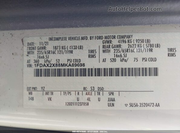 1FDAX2X88MKA89698 2021 FORD TRANSIT-350 White Vista del compartimento del motor