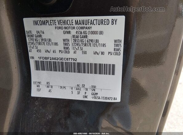 1FDBF2A62GEC87792 2016 FORD F-250 Dark Brown Вид подкапотного пространства