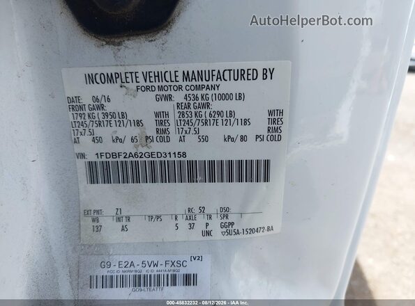 1FDBF2A62GED31158 2016 FORD F-250 White Widok komory silnika
