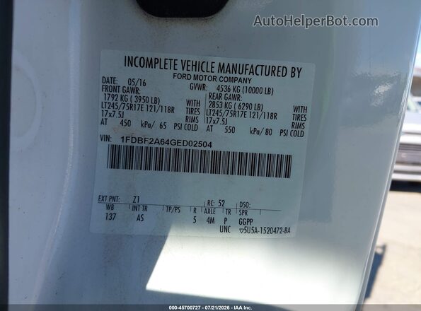 1FDBF2A64GED02504 2016 FORD F-250 White ძრავის განყოფილების ხედი