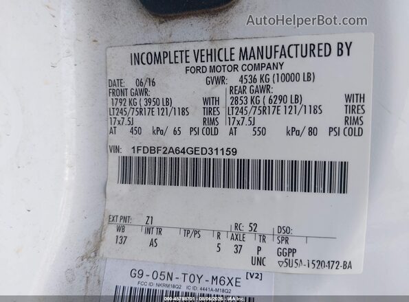 1FDBF2A64GED31159 2016 FORD F-250 White Rear right