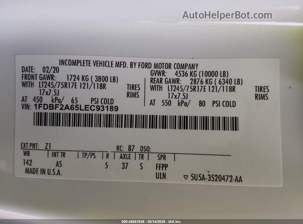 1FDBF2A65LEC93189 2020 FORD F-250 White Вид підкапотного простору