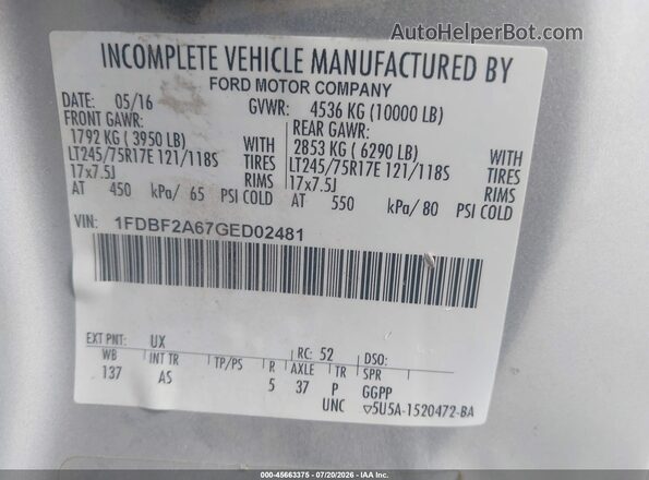 1FDBF2A67GED02481 2016 FORD F-250 Silver Շարժիչի բաժամունքի տեսք
