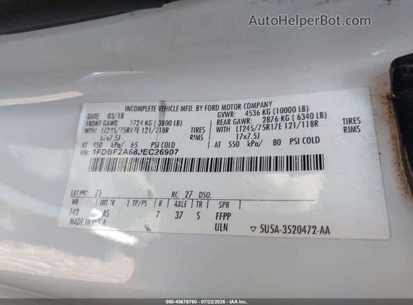 1FDBF2A68JEC26907 2018 FORD F-250 White Widok naklejki z numerem VIN