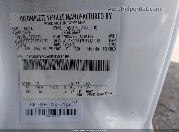 1FDBF2A69GED31156 2016 FORD F-250 White Widok komory silnika