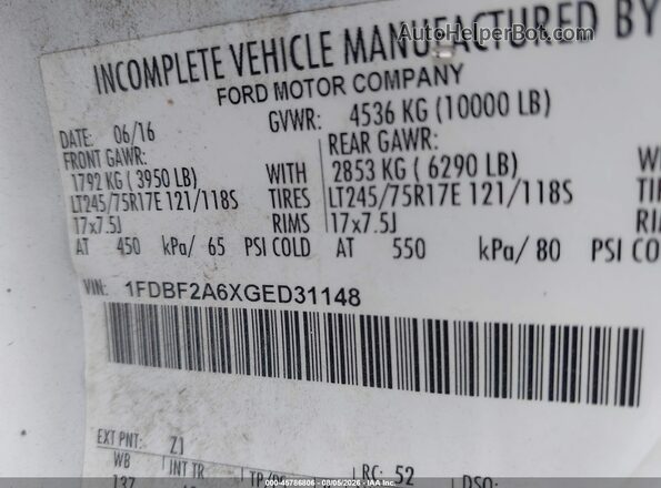 1FDBF2A6XGED31148 2016 FORD F-250 White Widok komory silnika