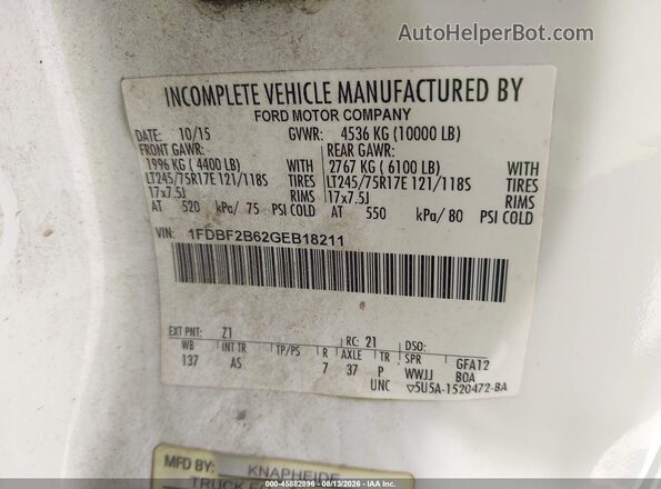1FDBF2B62GEB18211 2016 FORD F-250 White Вид підкапотного простору