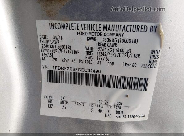 1FDBF2B67GEC62496 2016 FORD F-250 Silver Вид підкапотного простору