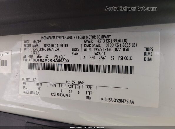 1FDBF8ZM0KKA89809 2019 FORD TRANSIT-350 White Вид підкапотного простору