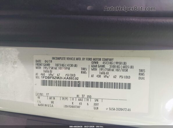 1FDBF8ZM2KKA86992 2019 FORD TRANSIT-350 Белый Вид подкапотного пространства