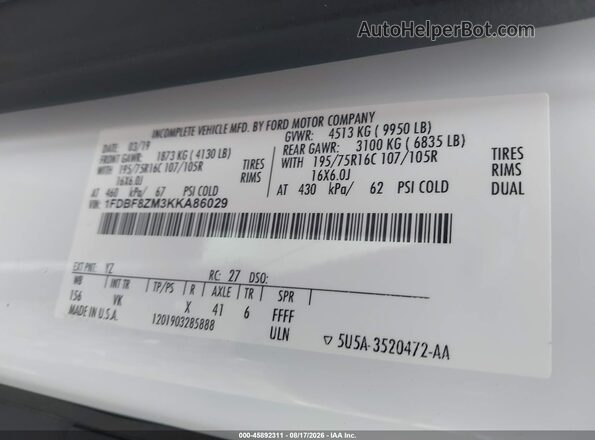 1FDBF8ZM3KKA86029 2019 FORD TRANSIT-350 Белый Вид наклейки с VIN-кодом