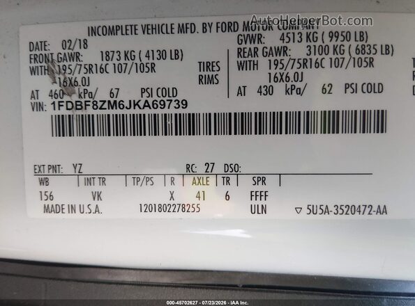1FDBF8ZM6JKA69739 2018 FORD TRANSIT-350 White Vista de los asientos traseros