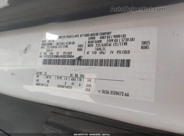 1FDZX2XM8JKB25904 2018 FORD TRANSIT-350 White Вид підкапотного простору