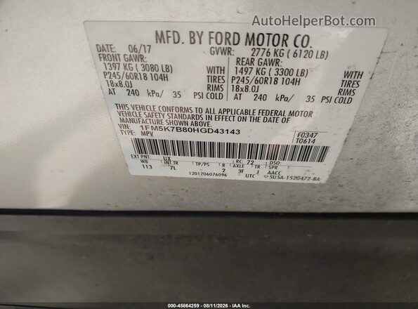 1FM5K7B80HGD43143 2017 FORD EXPLORER Silver Widok komory silnika